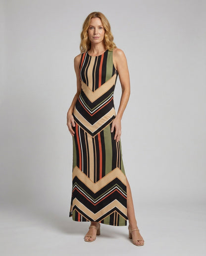 Damen Maxi-Kleid Gestreift Jersey Mit Seitenschlitz - Norvielle
