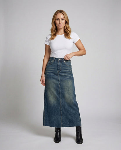 Damen High-Waist Denimrock Maxilänge - Norvielle