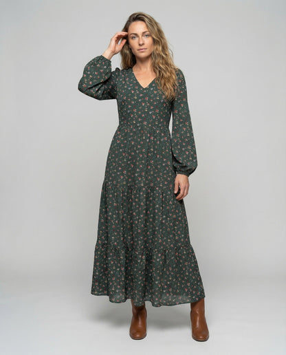 Damen Viskosemix-Kleid Lang Ballonärmel - Norvielle