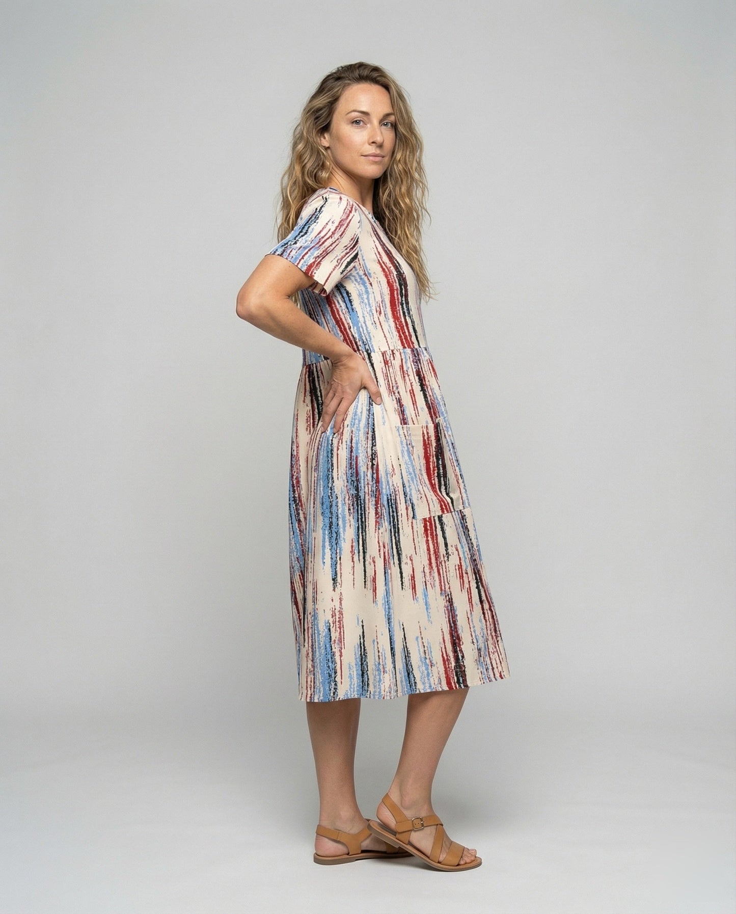 Damen Midikleid Kurzarm Pinselstrich-Print - Norvielle