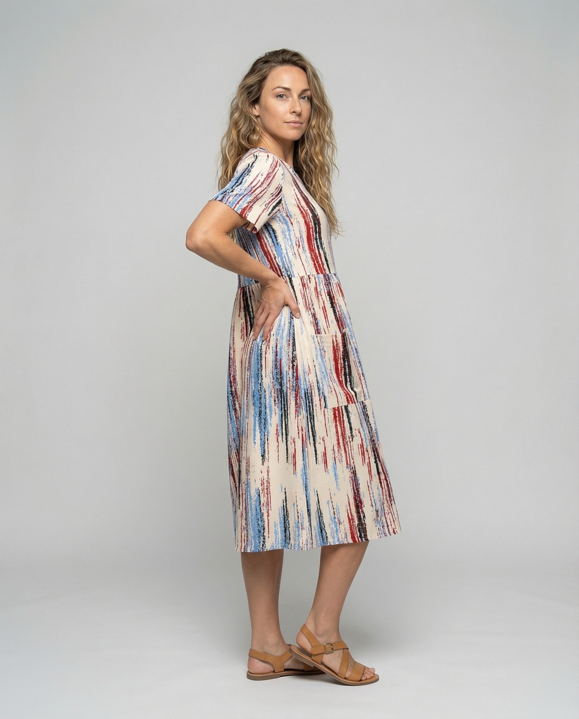 Damen Midikleid Kurzarm Pinselstrich-Print - Norvielle