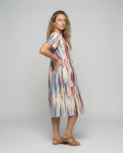 Damen Midikleid Kurzarm Pinselstrich-Print - Norvielle