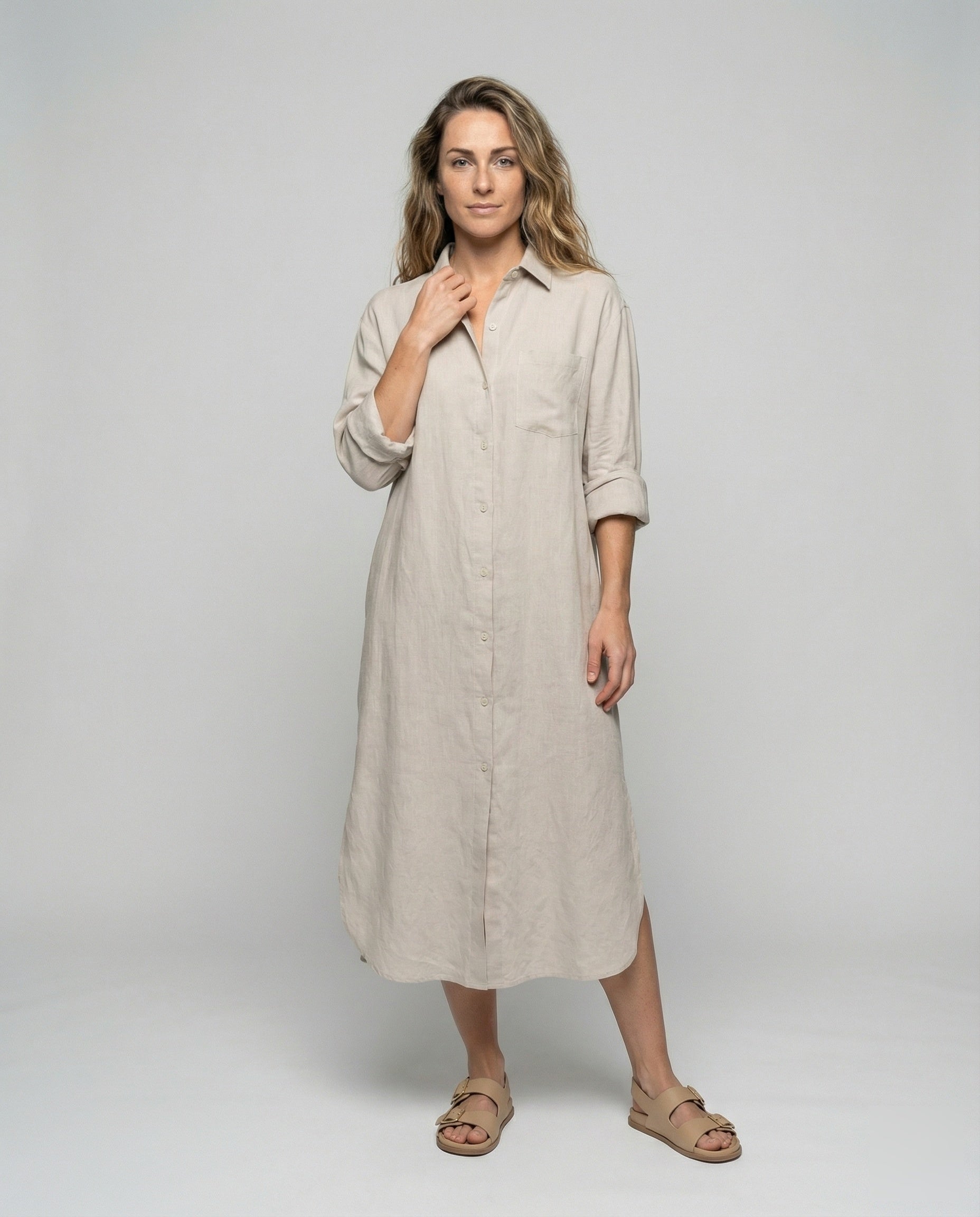 Damen Leinen-Viskose-Kleid Lässiges Longblusen-Design Beige - Norvielle