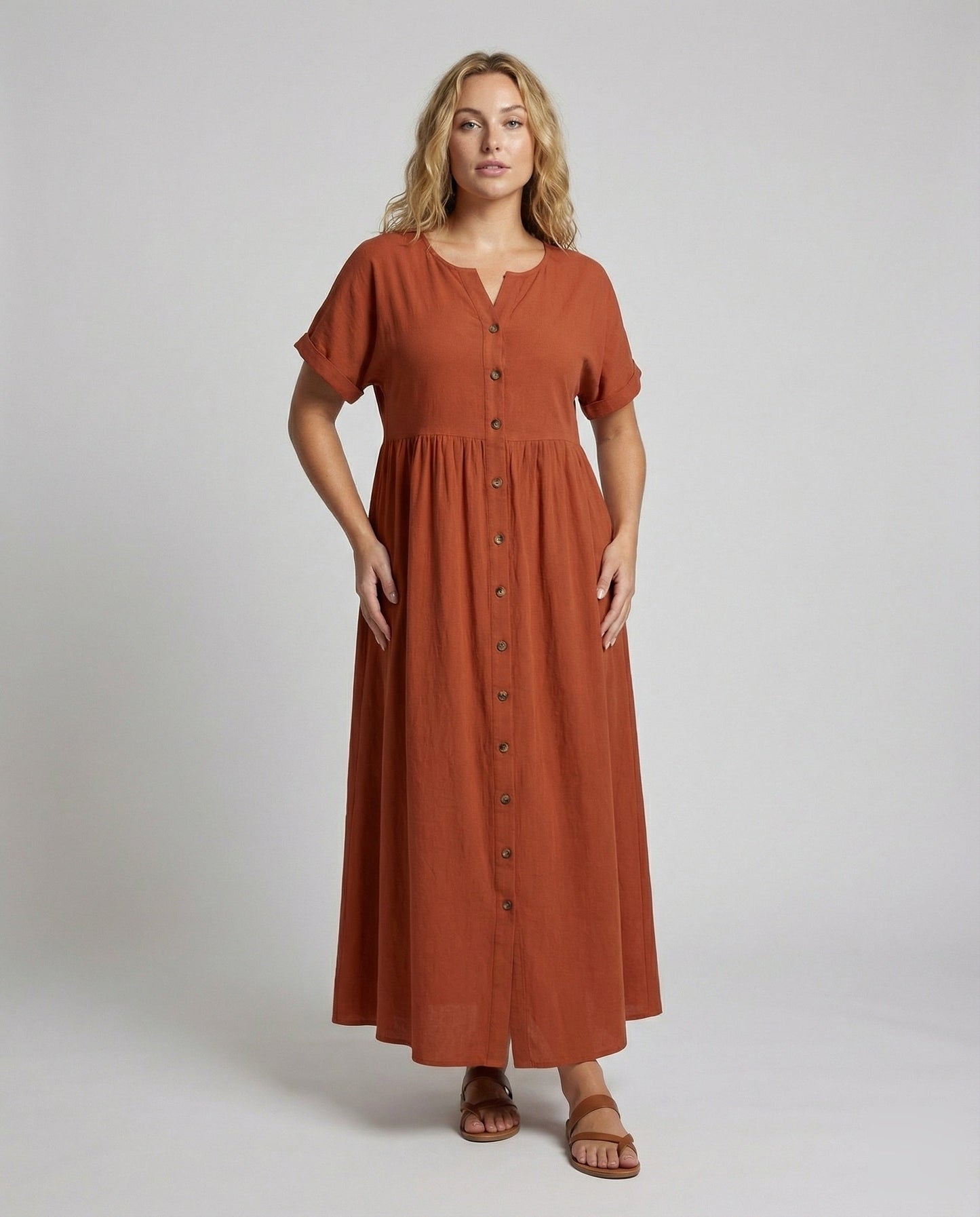 Damen Leinenmix Maxikleid Knopfleiste Luftig - Norvielle