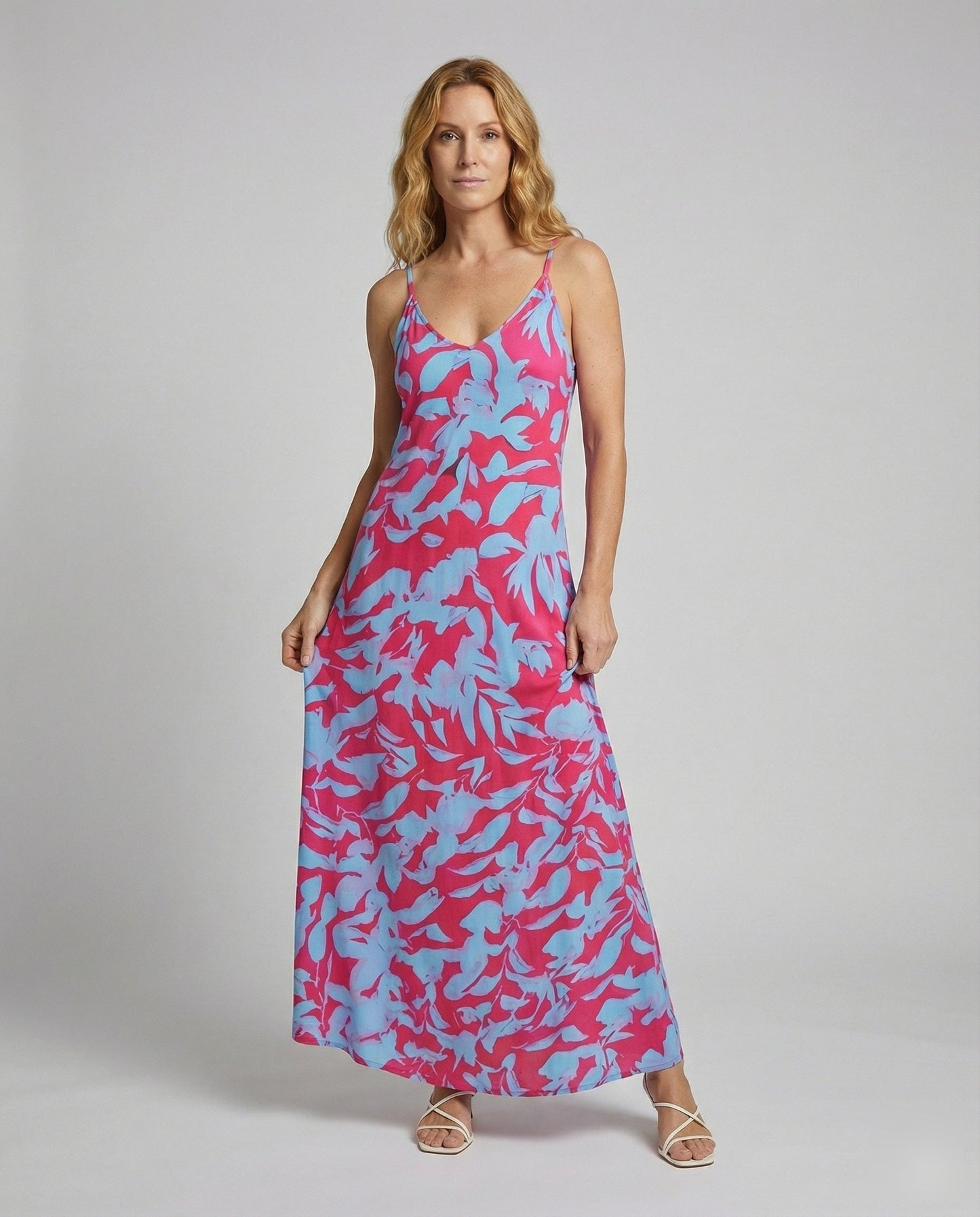 Damen Maxi-Kleid Blatt-Print Baumwolle Lang - Norvielle