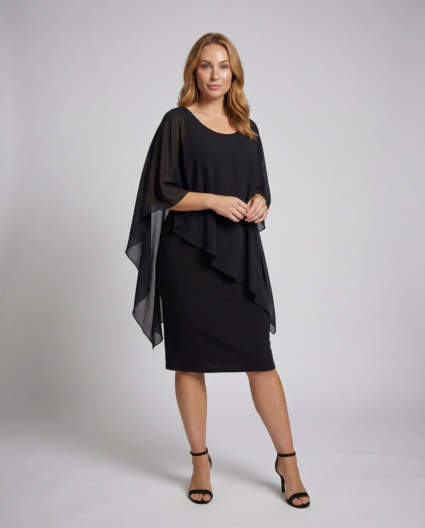 Damen Midikleid Chiffon-Cape Fließend Schwarz - Norvielle