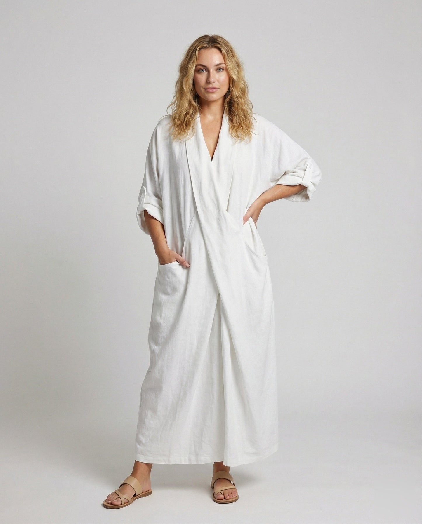 Damen Oversize Leinenmantel Wickelkleid Beige - Norvielle