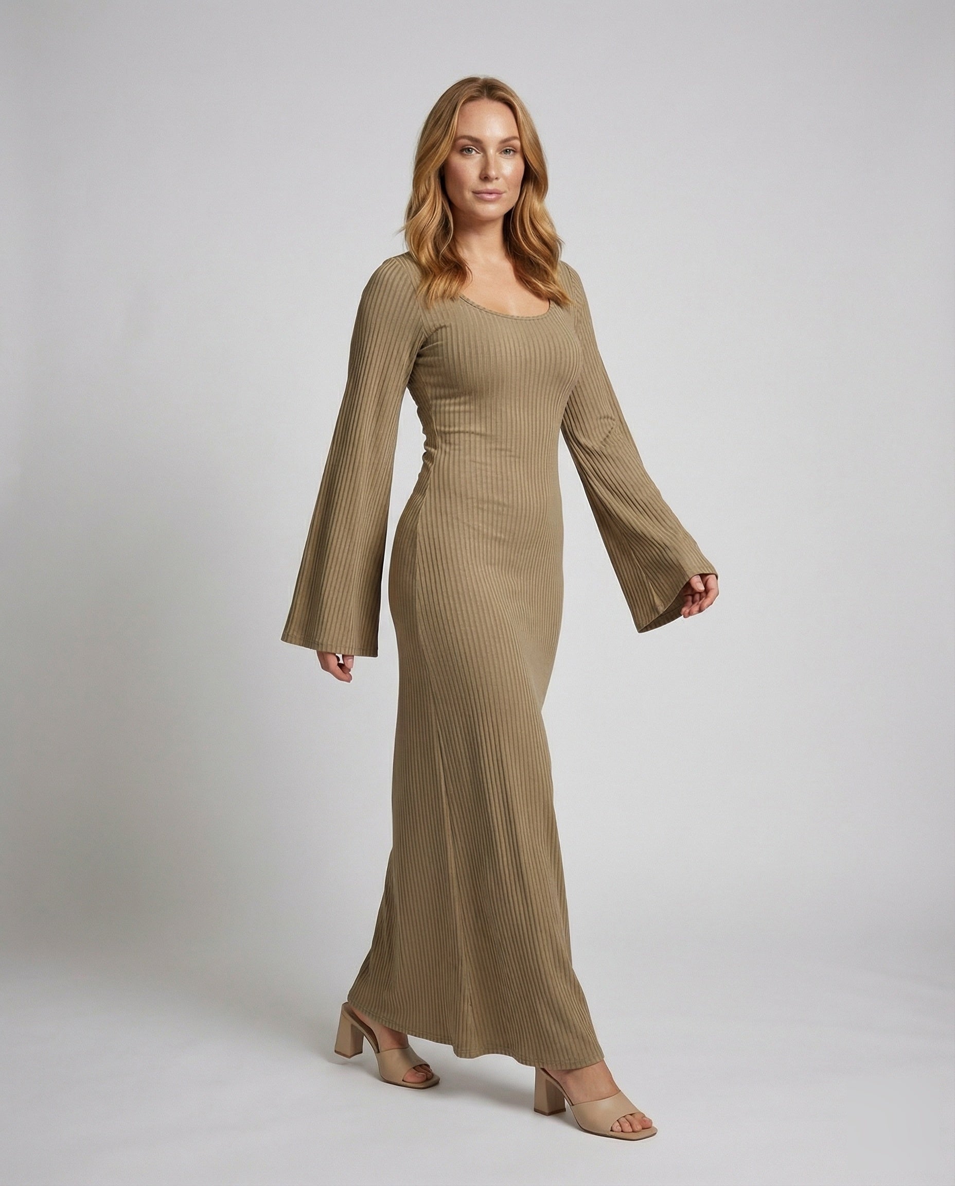 Damen Maxikleid Rippfeinstrick Trompetenärmel - Norvielle