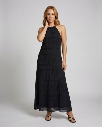 Damen Haltermaxikleid Crinkle-Stoff Schlank Schwarz - Norvielle