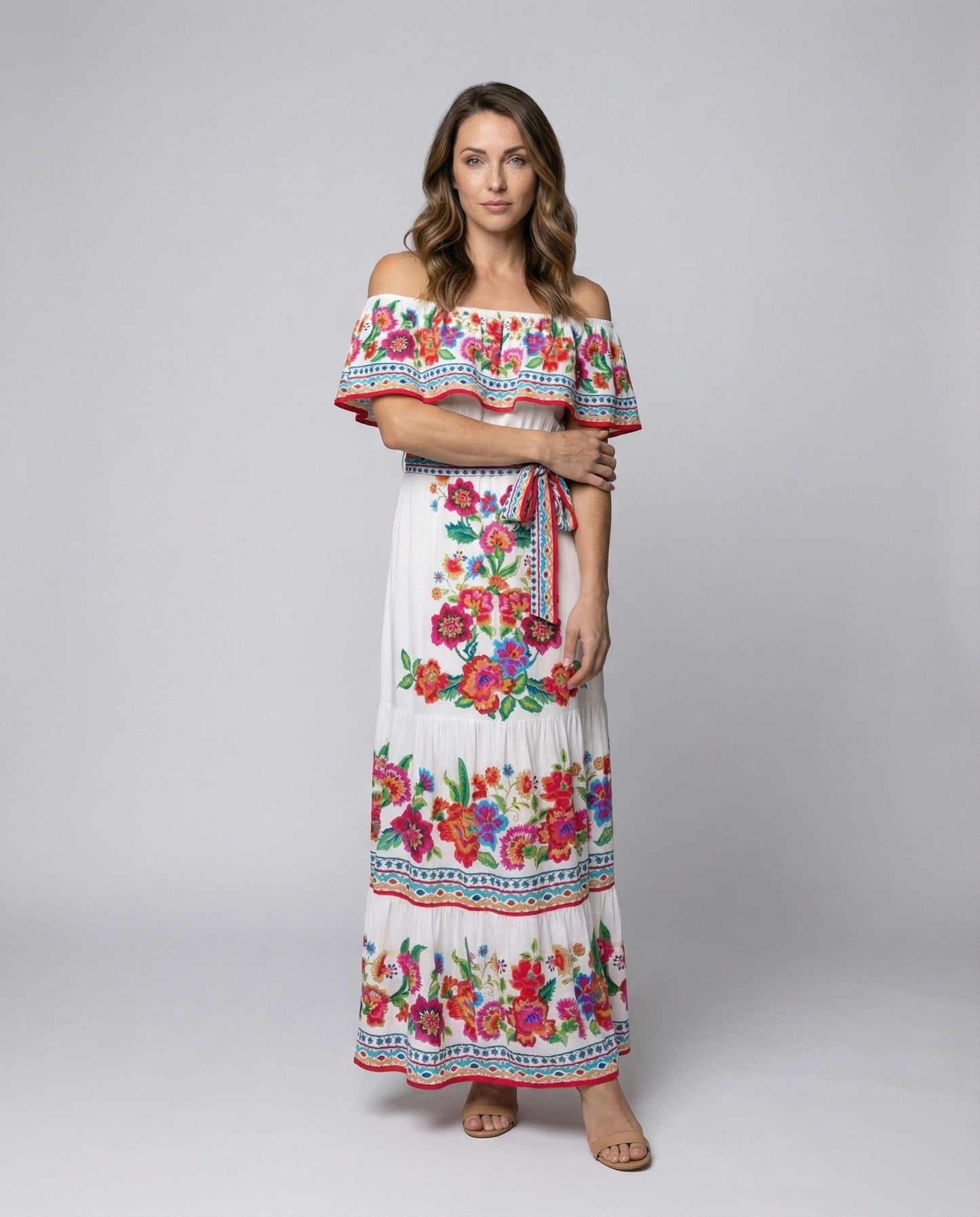 Damen Maxikleid Volant Schulterfrei Stufenrock - Norvielle