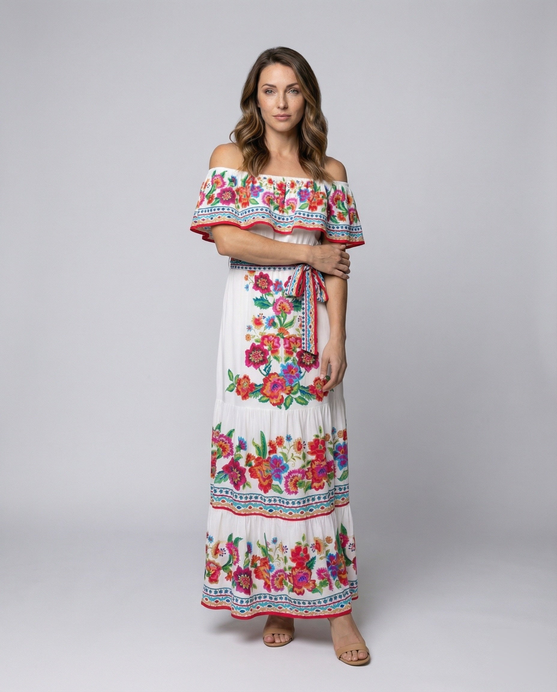 Damen Maxikleid Volant Schulterfrei Stufenrock - Norvielle