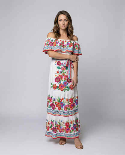 Damen Maxikleid Volant Schulterfrei Stufenrock - Norvielle
