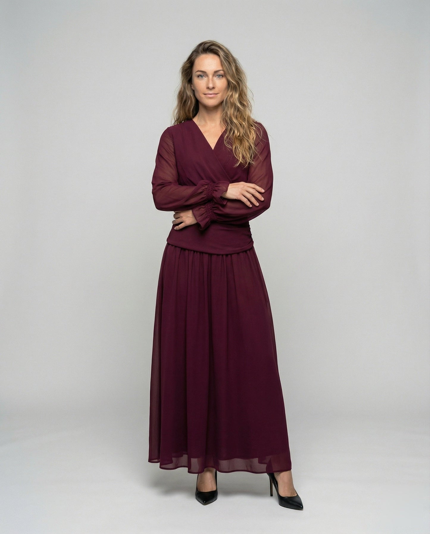 Damen Maxikleid Wickelkleid mit Volant Manschette - Norvielle