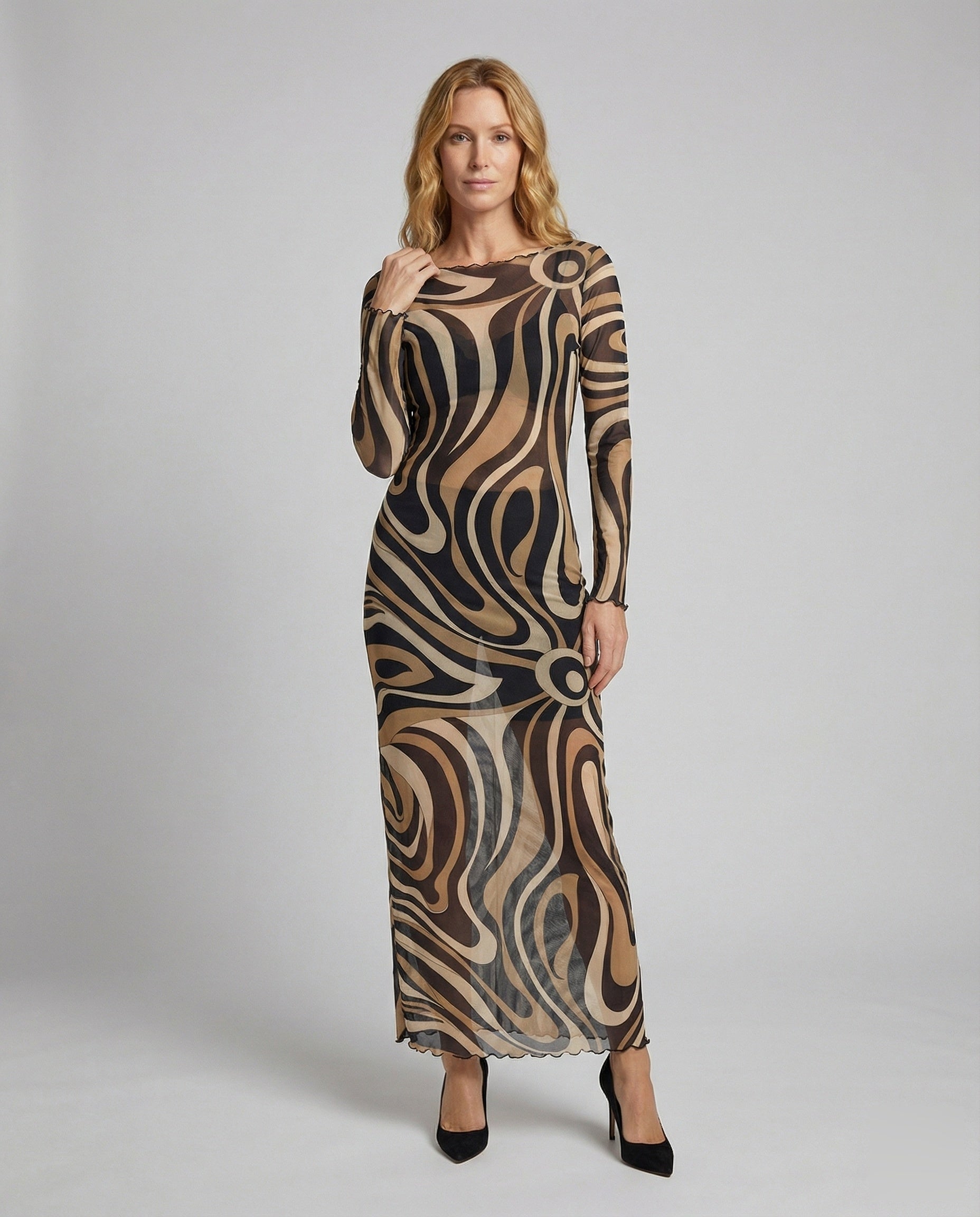 Damen Maxi-Kleid Figurbetont Mesh Alloverprint - Norvielle