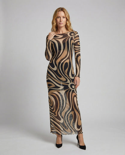 Damen Maxi-Kleid Figurbetont Mesh Alloverprint - Norvielle