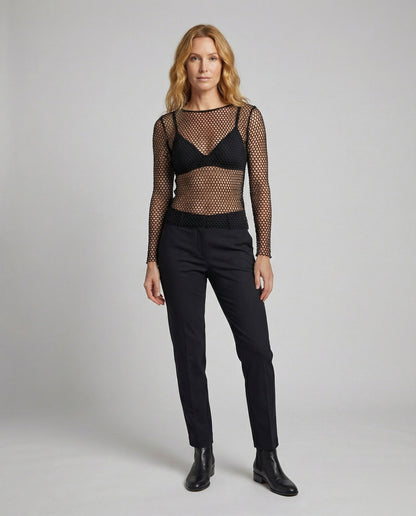 Damen Longsleeve Netzoptik Wabenmuster Schwarz - Norvielle