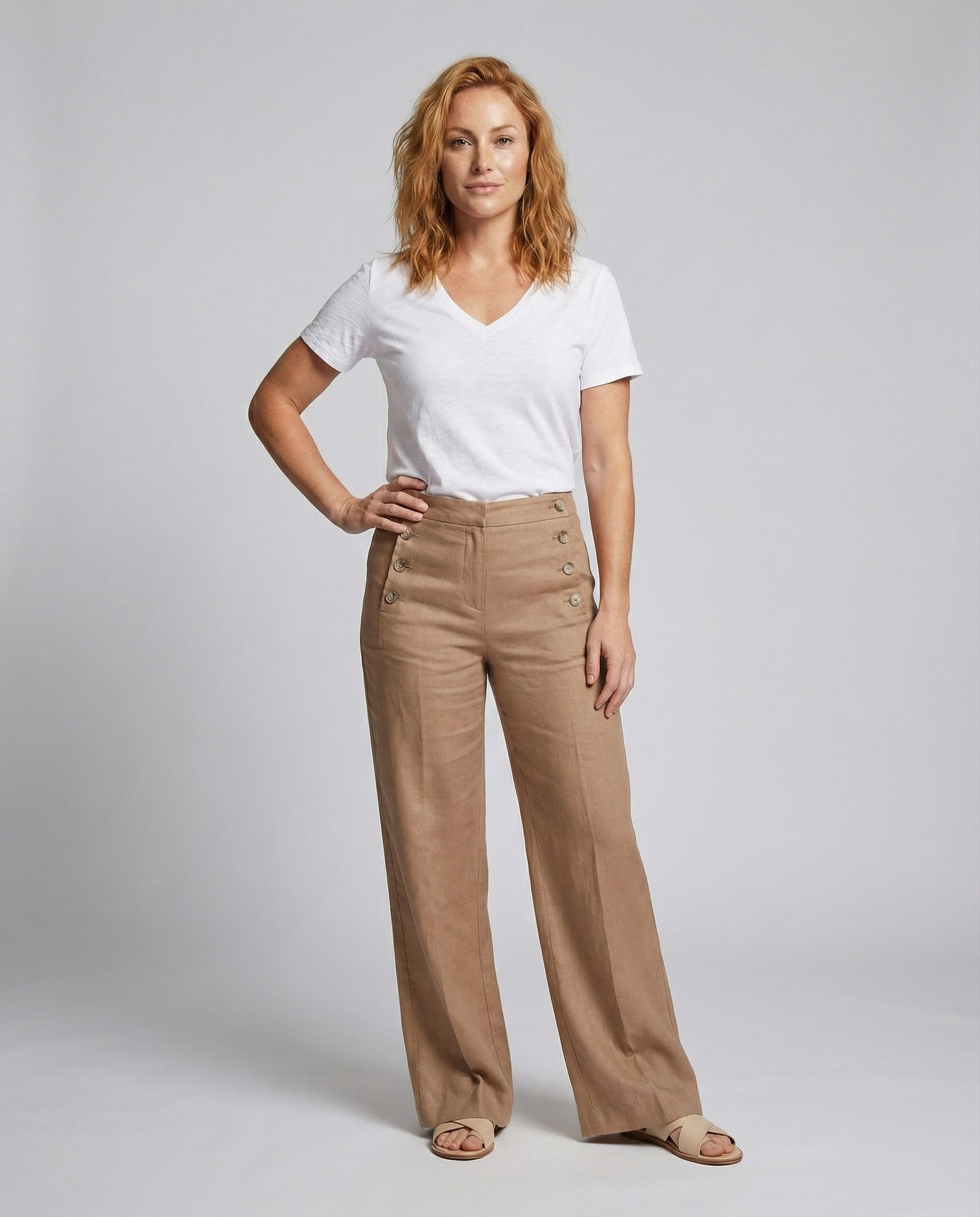 Damen Leinenhose Hochgeschnitten Mit Knöpfen Beige - Norvielle