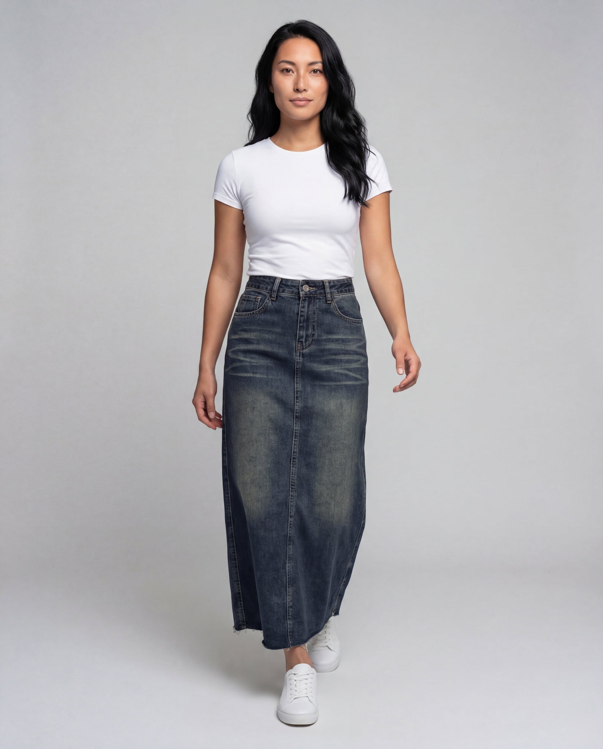 Damen Denim-Langrock A-Linie mit Fransensaum - Norvielle