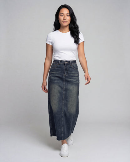 Damen Denim-Langrock A-Linie mit Fransensaum - Norvielle