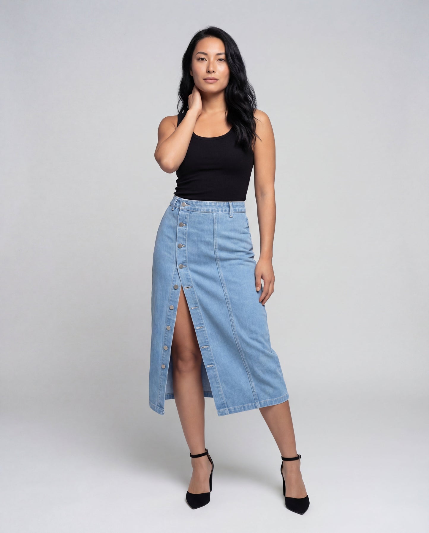 Damen Midi-Denimrock Cargotasche Hochgeschnitten Blau - Norvielle