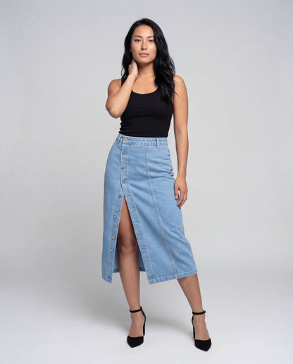 Damen Midi-Denimrock Cargotasche Hochgeschnitten Blau - Norvielle