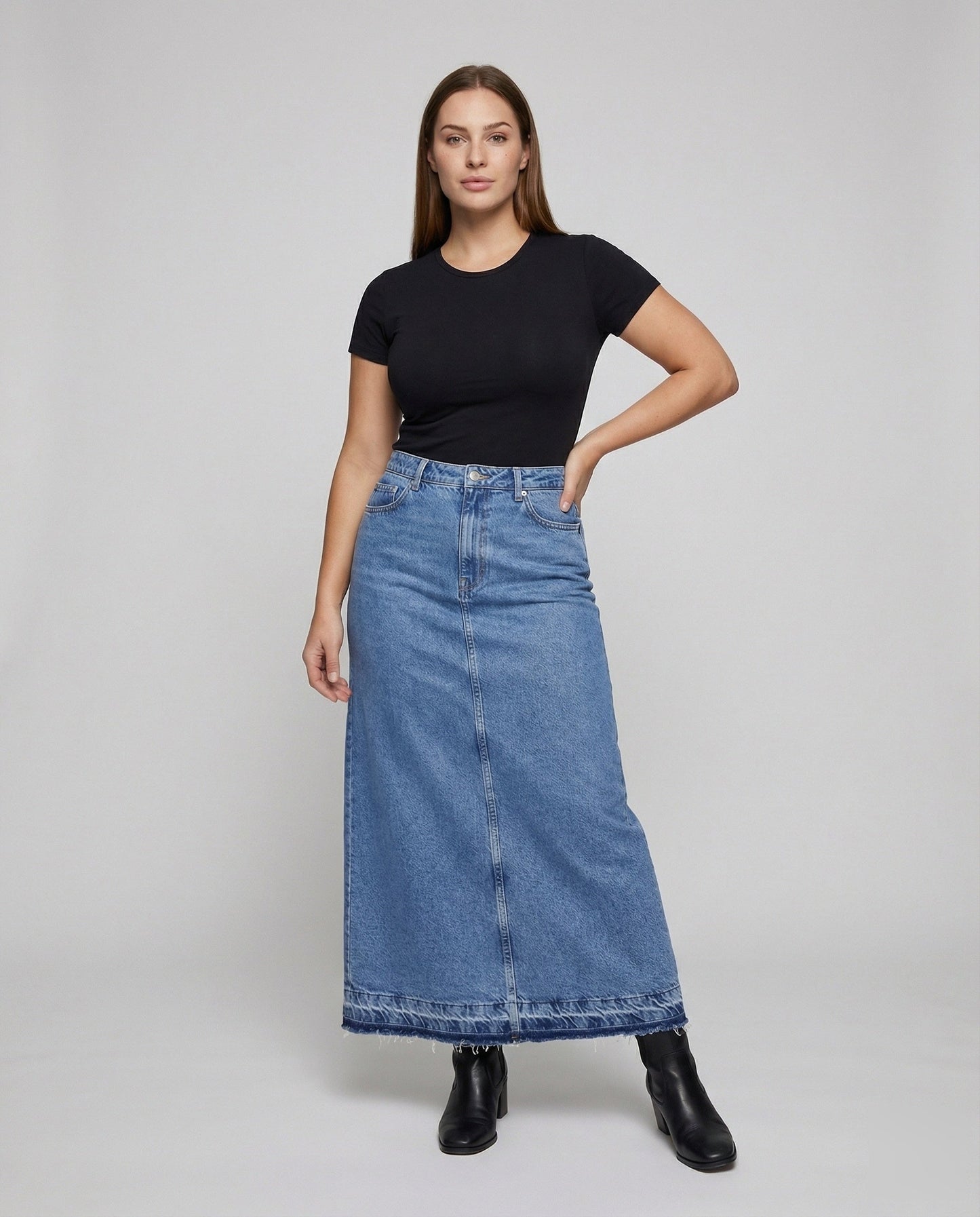 Damen Jeansrock Lang Mittig Beinschlitz - Norvielle