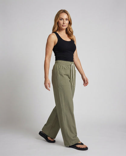 Damen Leichtstoffhose Weites Bein Hochtailliert Beige - Norvielle