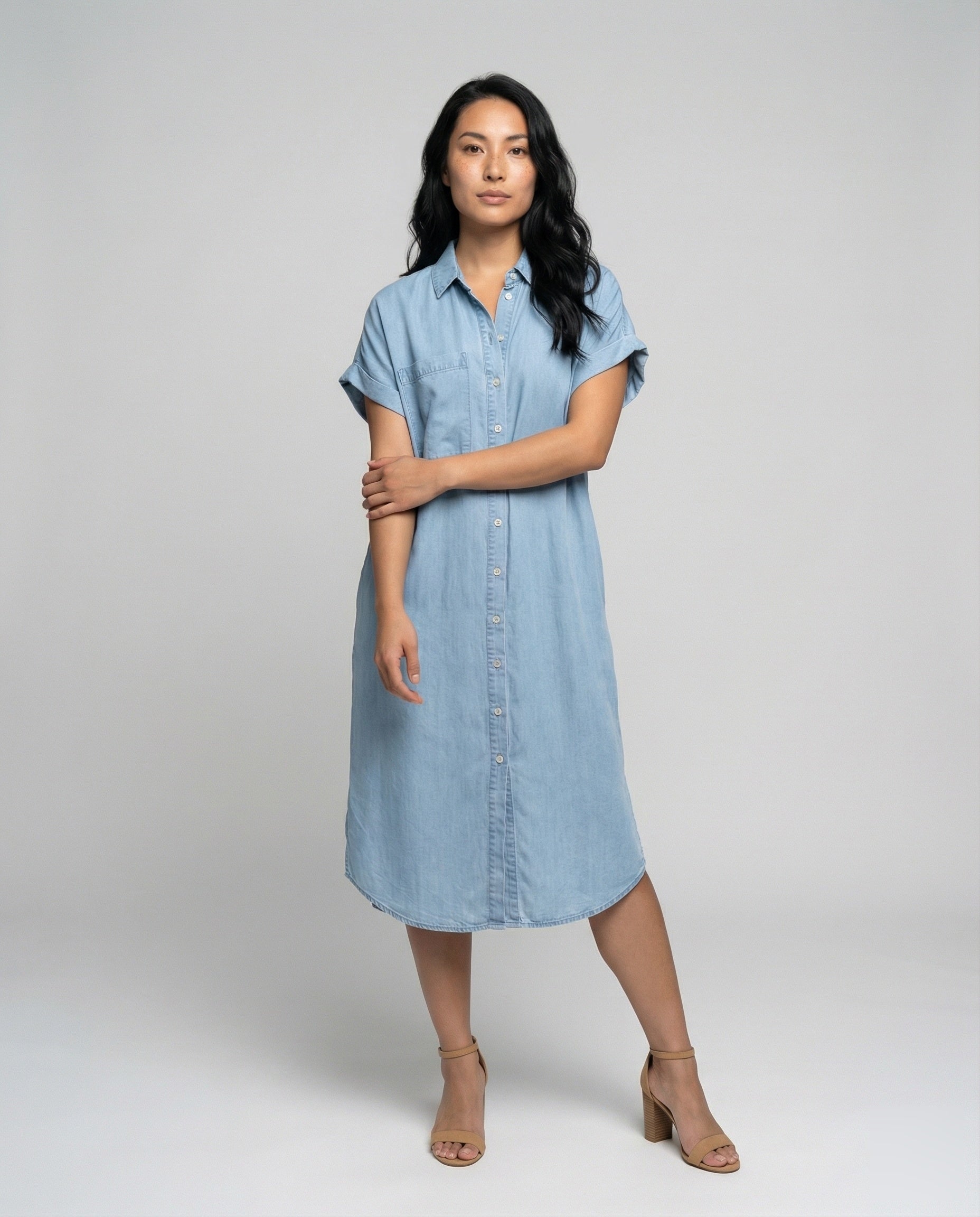 Damen Midikleid Chambray Bluse-Style Blau - Norvielle