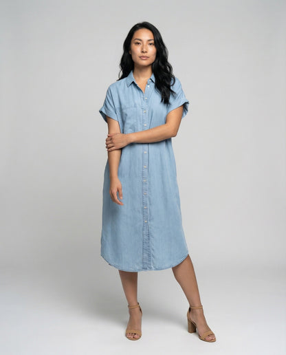 Damen Midikleid Chambray Bluse-Style Blau - Norvielle