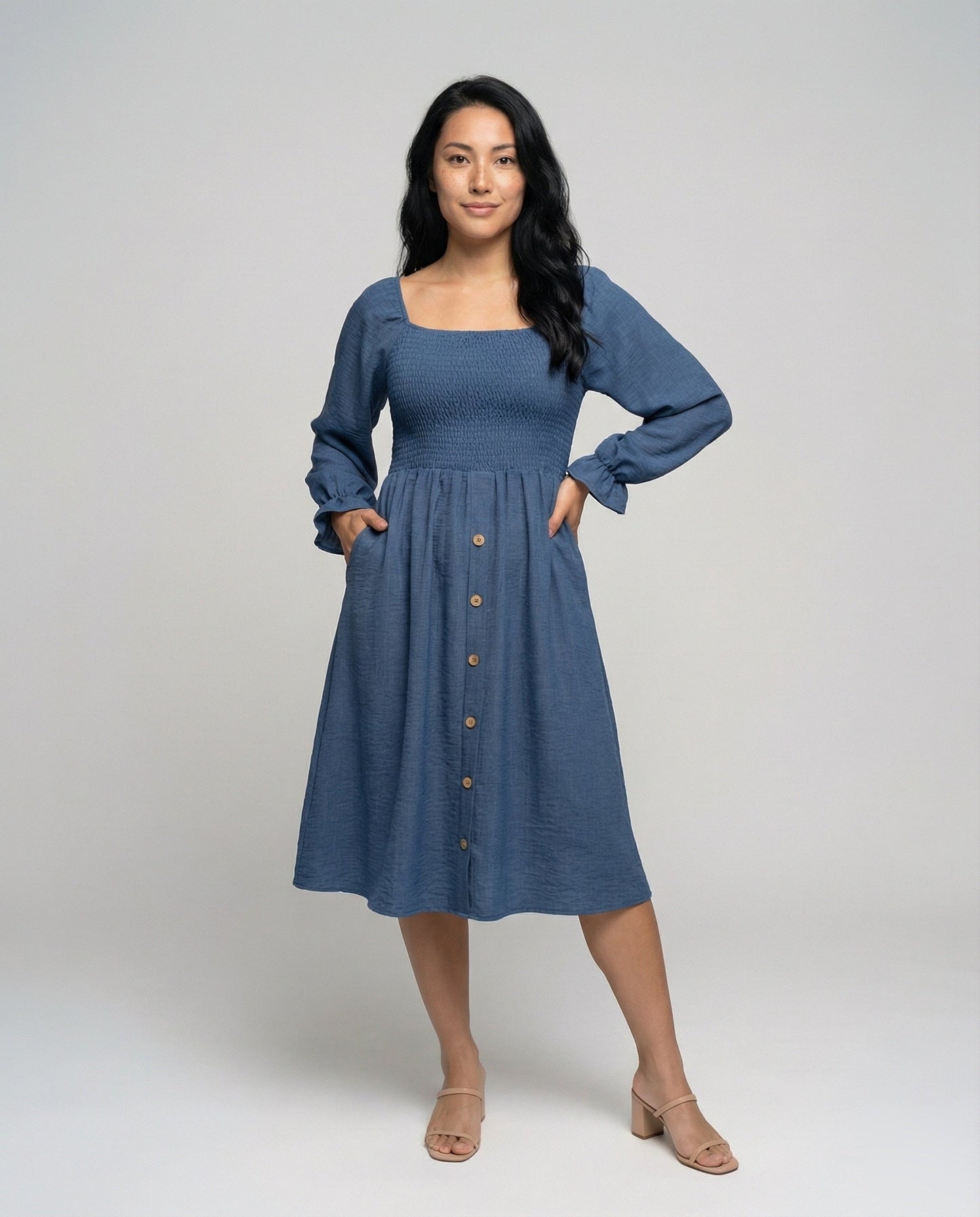 Damen Midikleid Smokoberteil Ballonärmel - Norvielle