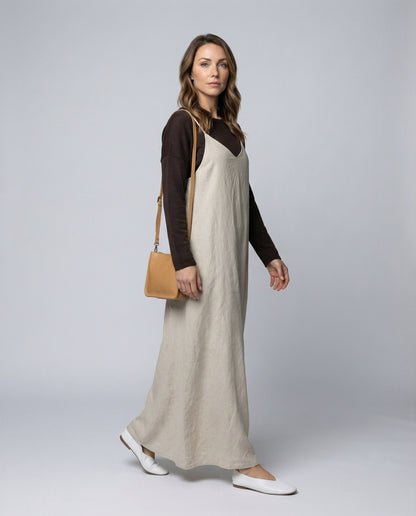 Damen Leinenkleid Fließendes Slipkleid Beige - Norvielle