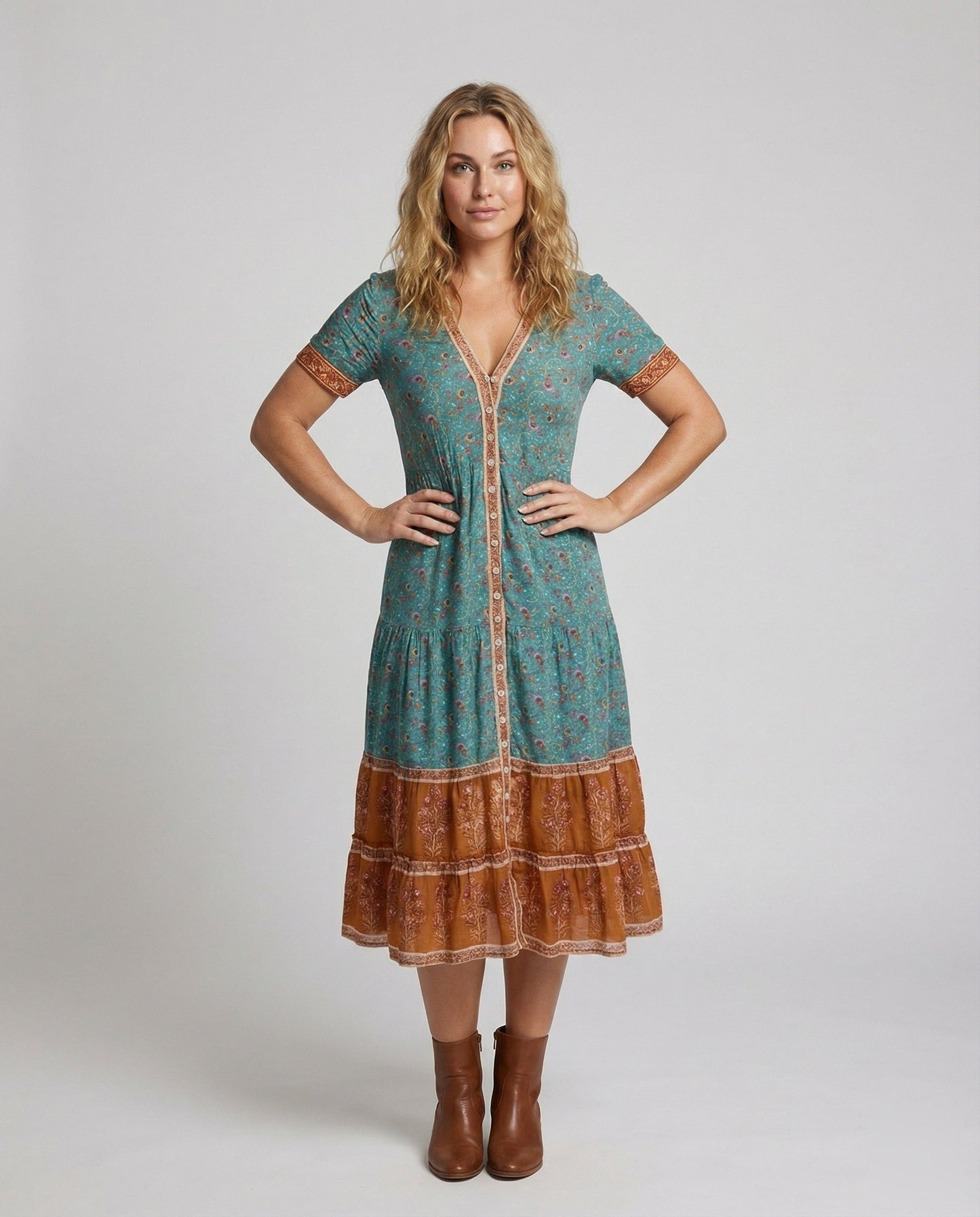 Damen Midikleid Stuft Boho-Style Knöpfe - Norvielle