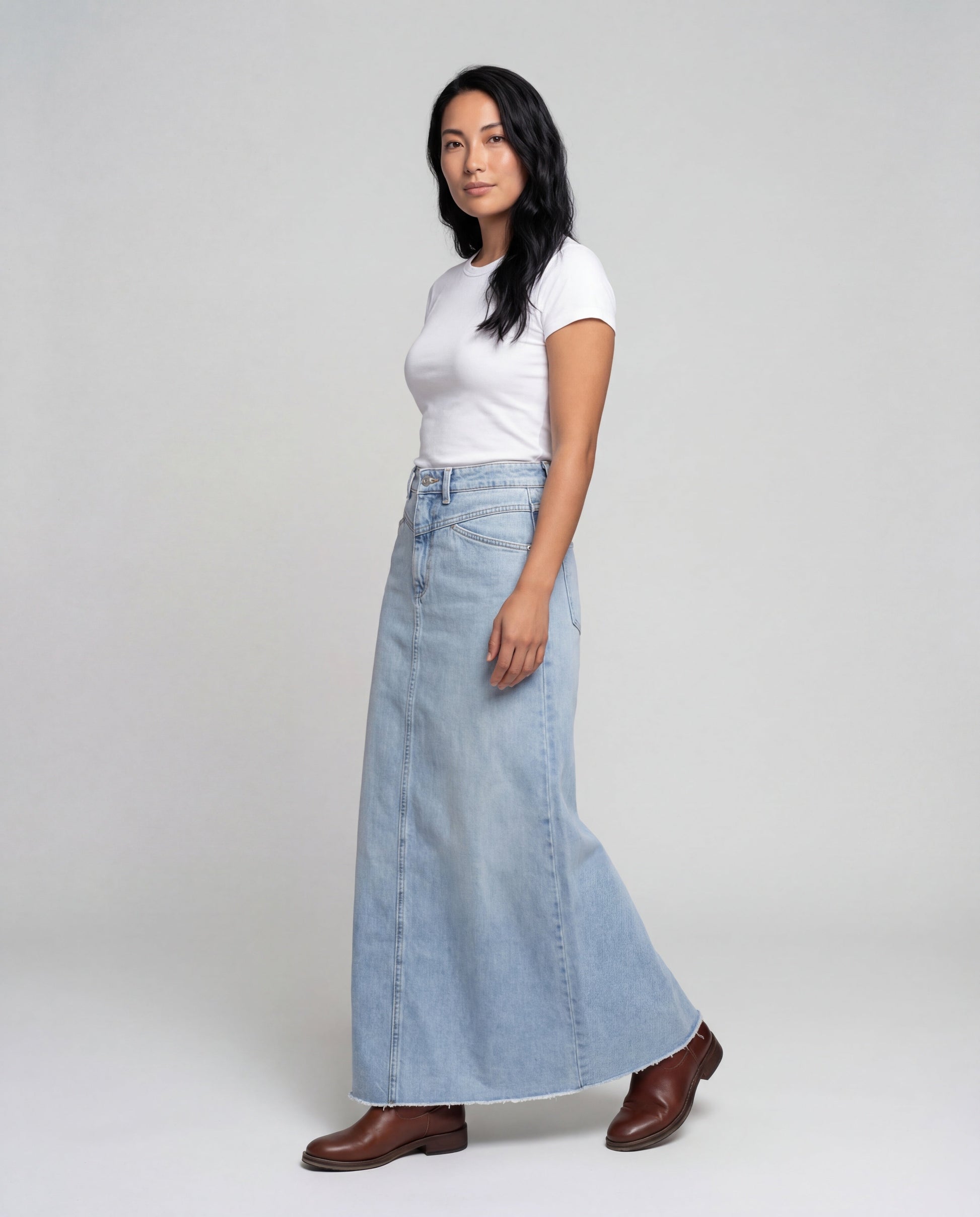 Damen Maxi Denimrock Hochgeschnitten Knopfleiste - Norvielle