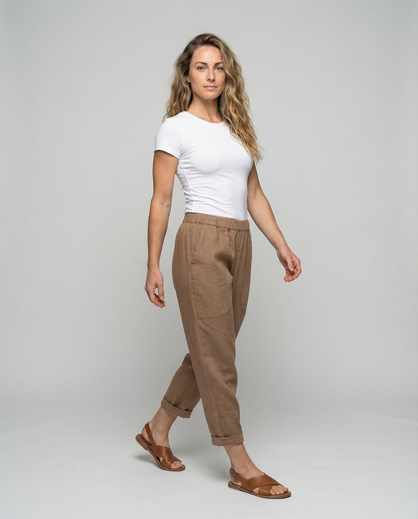 Damen Leinenhose Lässig Umschlagbarer Saum Beige - Norvielle