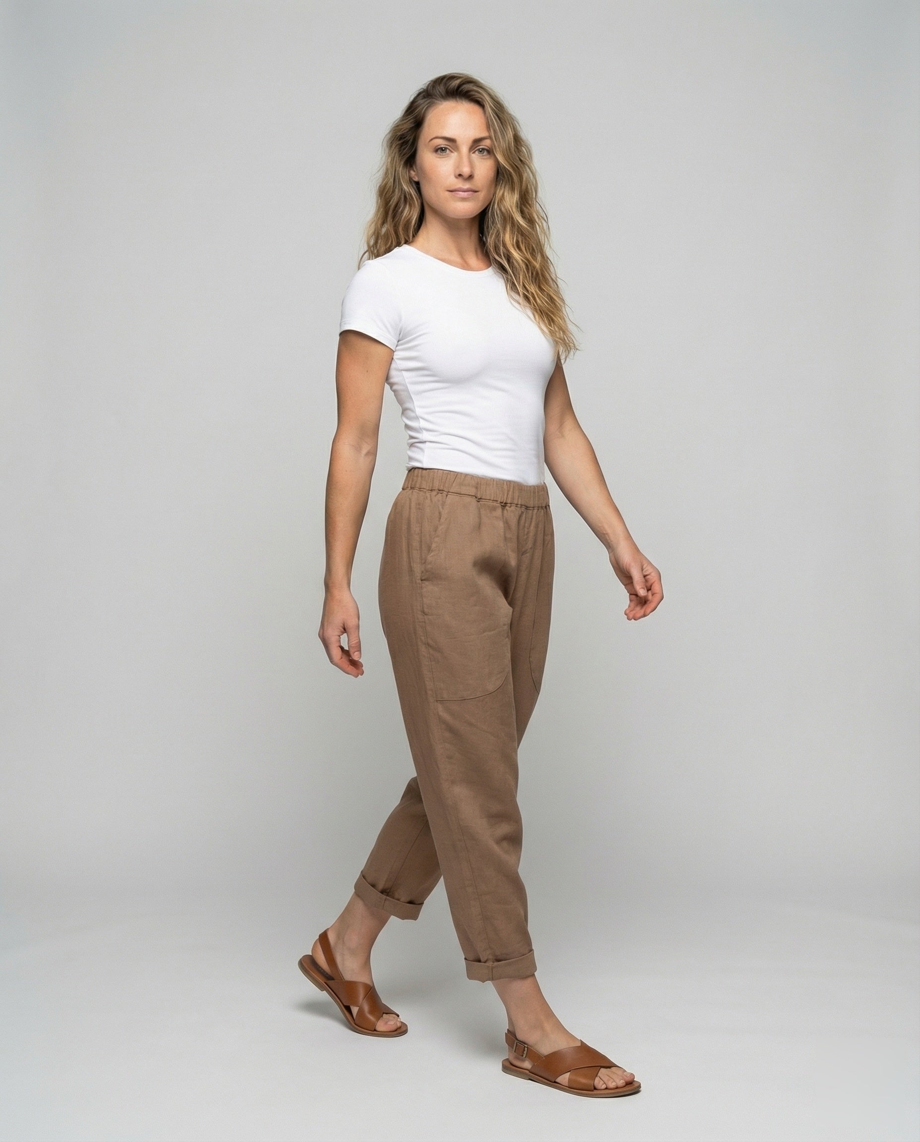 Damen Leinenhose Lässig Umschlagbarer Saum Beige - Norvielle