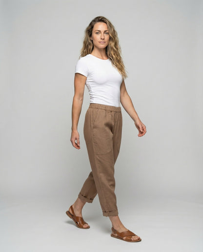 Damen Leinenhose Lässig Umschlagbarer Saum Beige - Norvielle