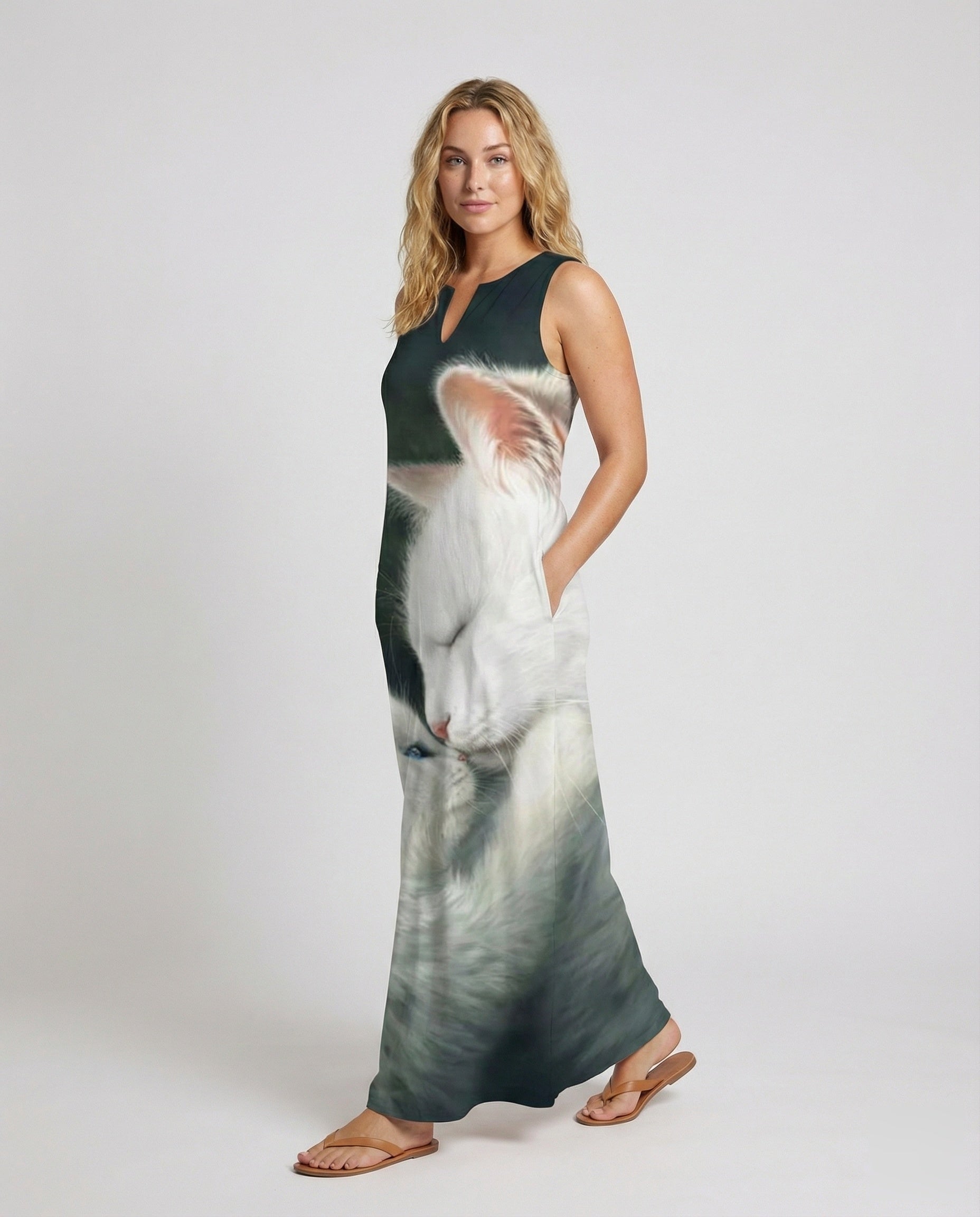 Damen Maxikleid Katzenmotiv Großflächig - Norvielle