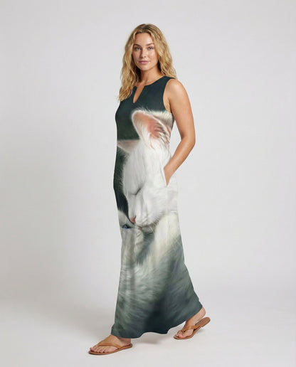 Damen Maxikleid Katzenmotiv Großflächig - Norvielle