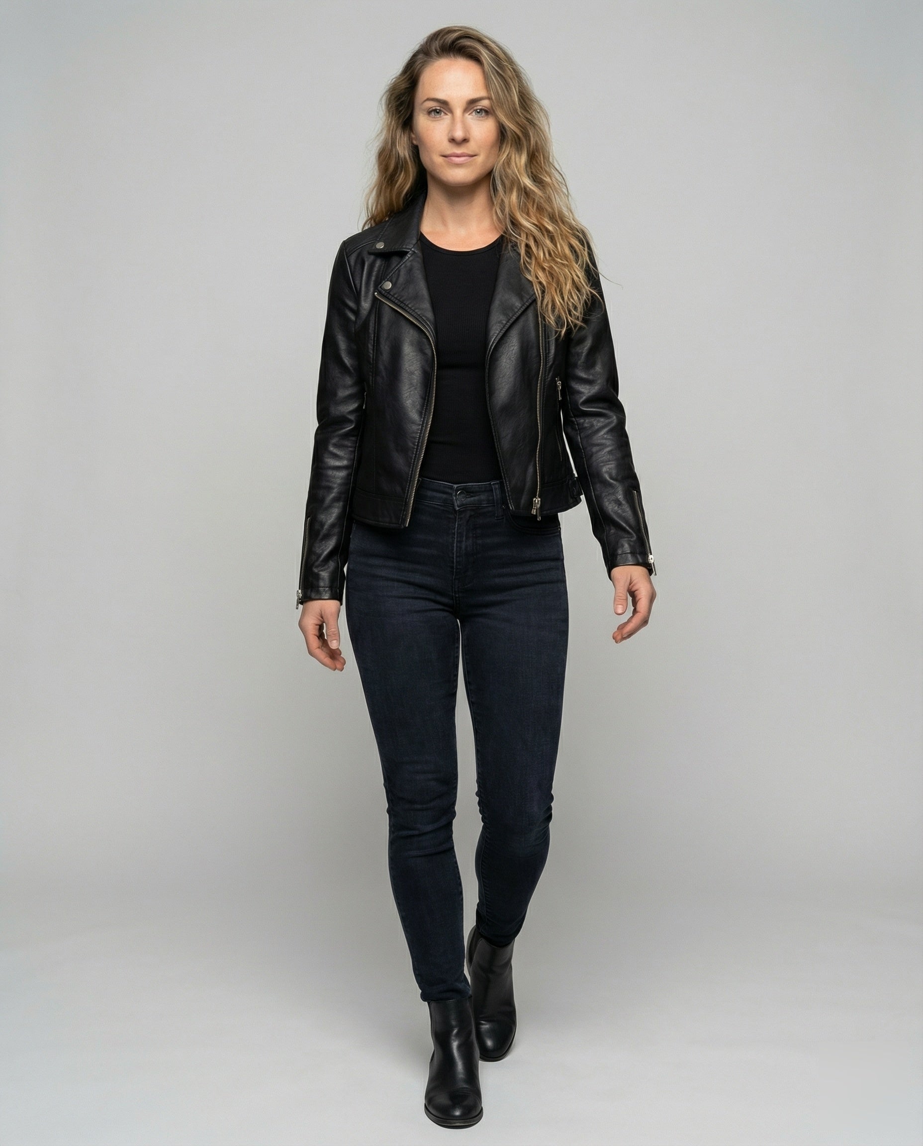 Damen Lederjacke Asymmetrisch Biker Schwarz - Norvielle