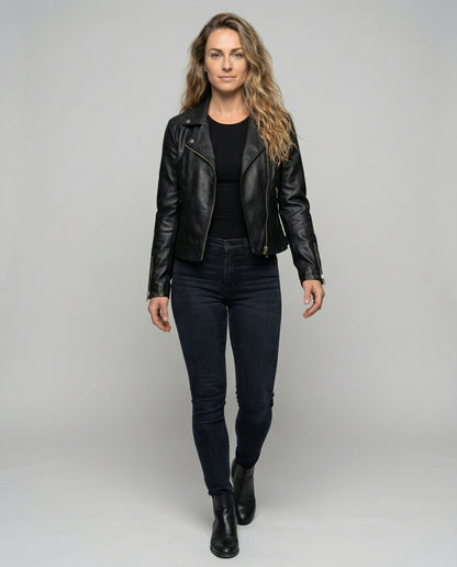 Damen Lederjacke Asymmetrisch Biker Schwarz - Norvielle