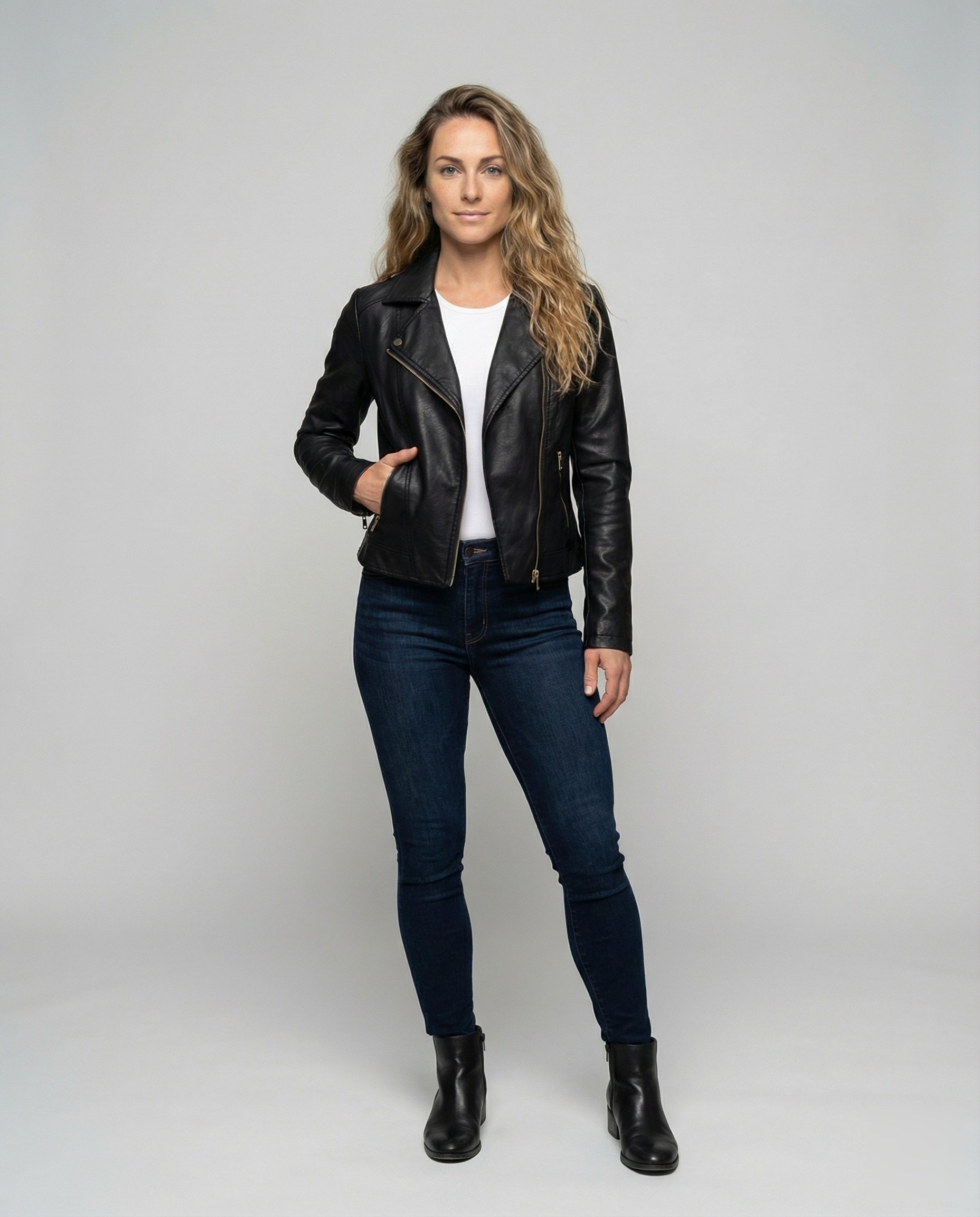 Damen Kunstleder Bikerjacke Reißverschluss Ärmel Schwarz - Norvielle