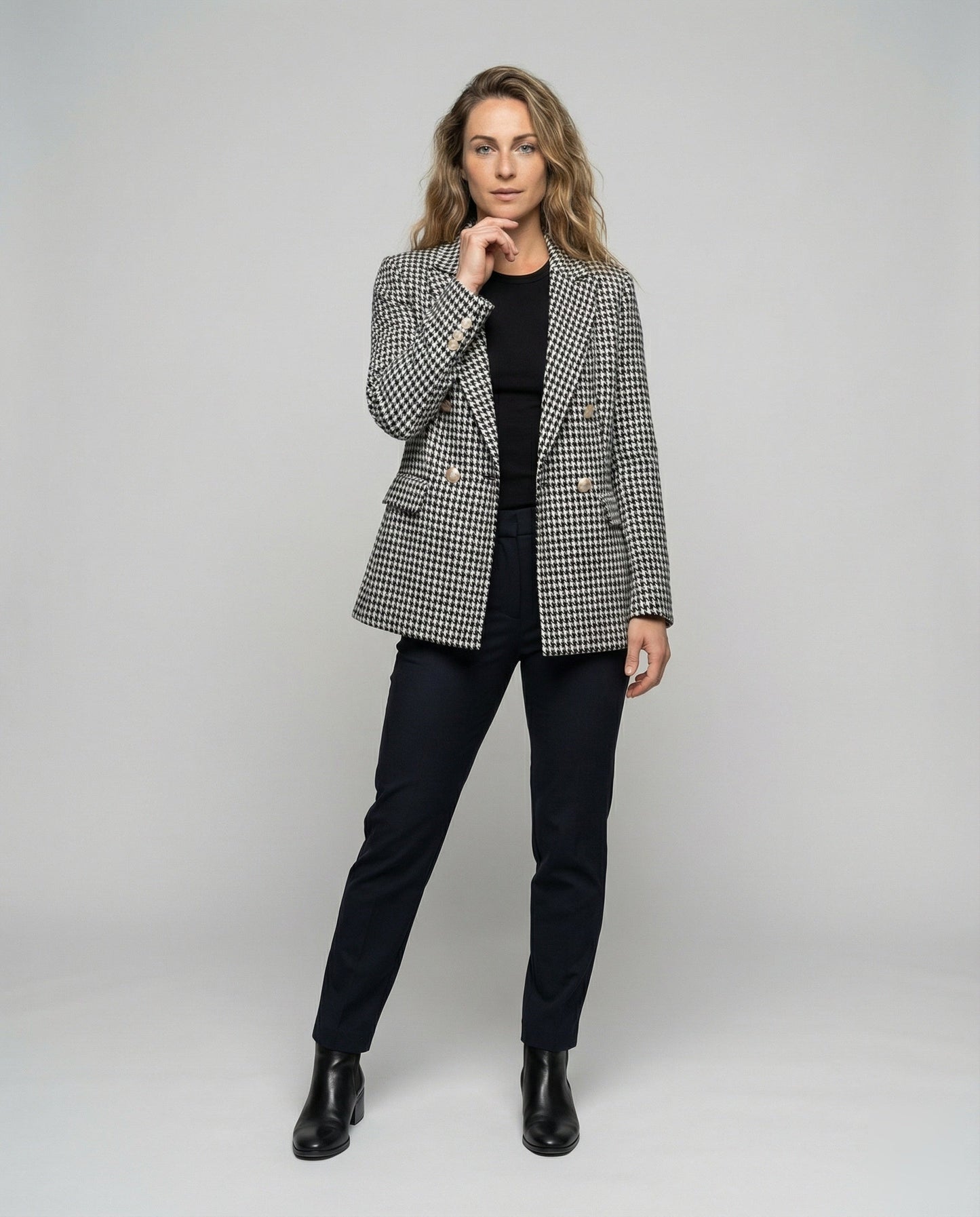 Damen Blazer Doppelreiher Hahnentritt-Optik Schwarz - Norvielle