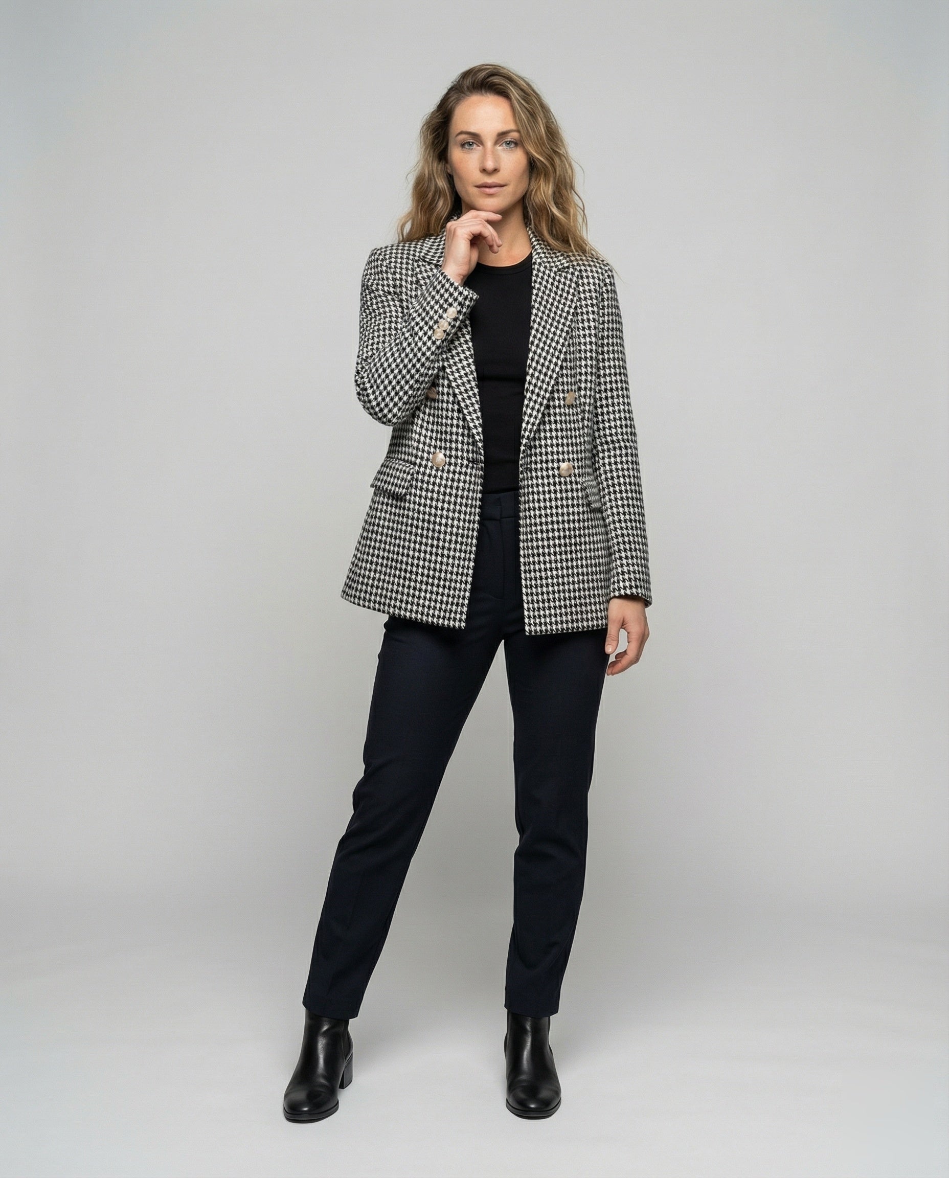 Damen Blazer Doppelreiher Hahnentritt-Optik Schwarz - Norvielle
