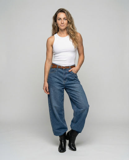 Damen Denim-Jeans Nietenbesatz Taffeta Optik Blau - Norvielle