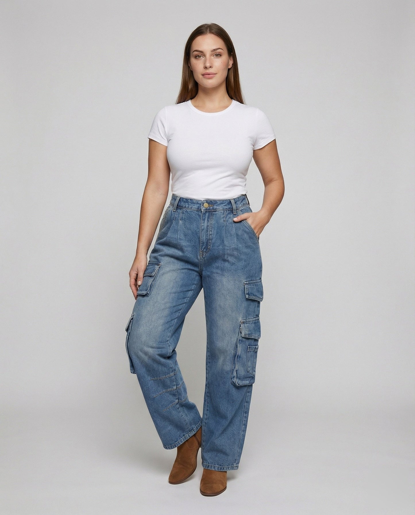 Damen Robuste Cargo-Jeans Hohe Taille - Norvielle