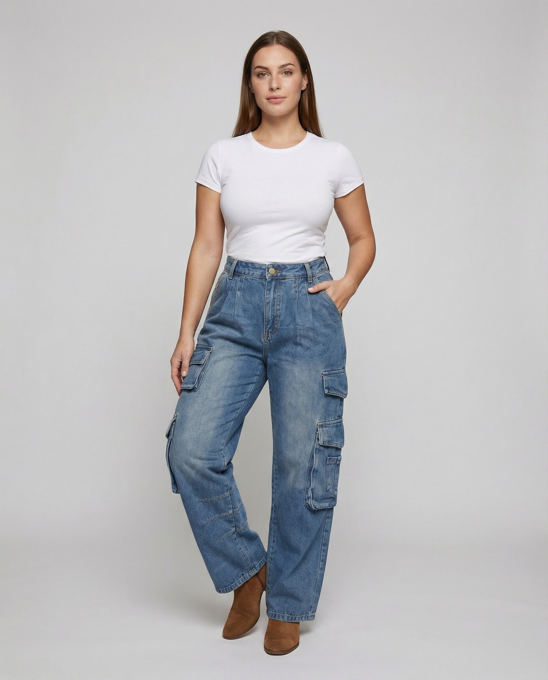 Damen Robuste Cargo-Jeans Hohe Taille - Norvielle