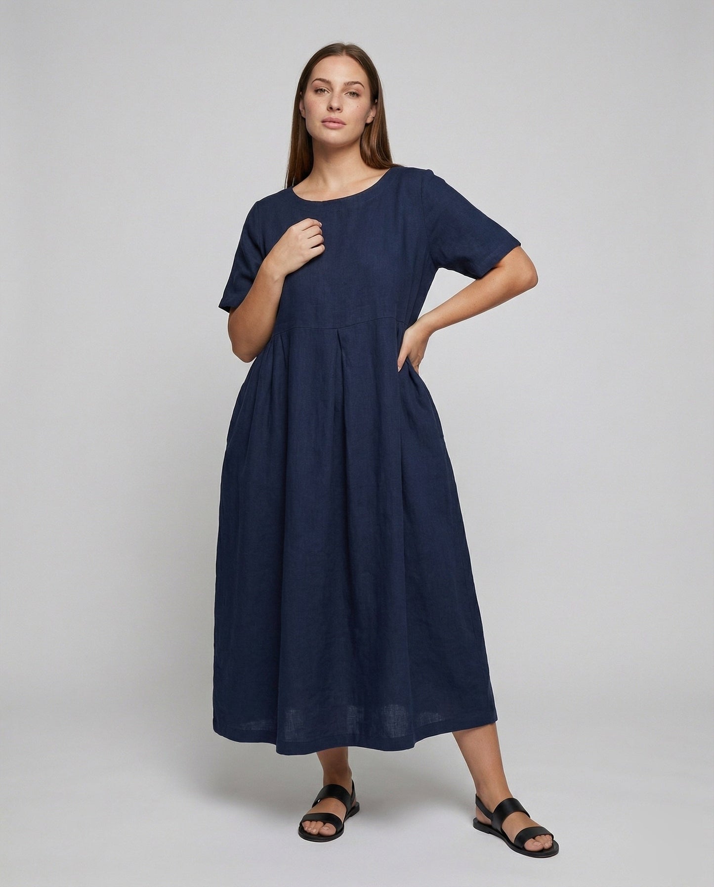 Damen Maxikleid Leinen Vordere Falte Fließend Beige - Norvielle