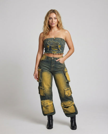 Damen Trägerlose Jeans-Set Baumwolle Blau - Norvielle