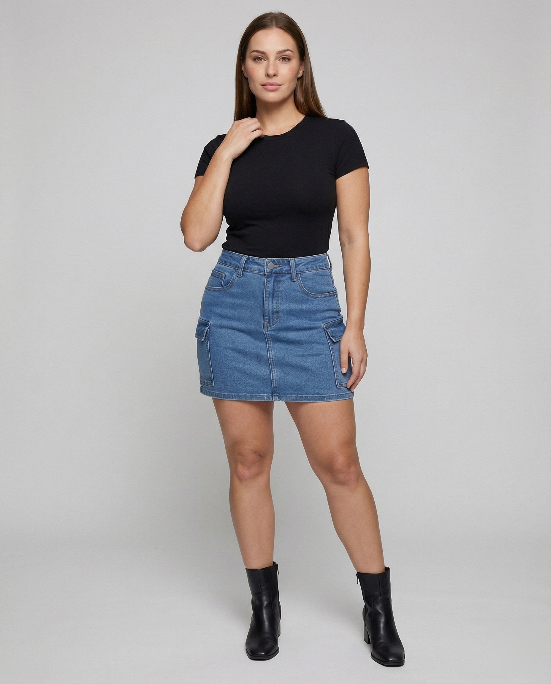 Damen Jeans Minirock mit Seitenklappe Schwarz - Norvielle
