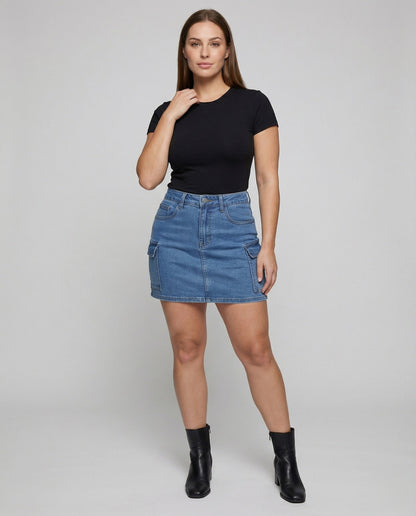 Damen Jeans Minirock mit Seitenklappe Schwarz - Norvielle